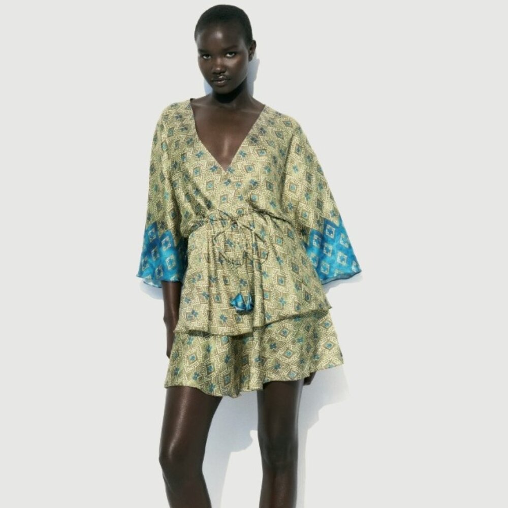 Zara SATIN EFFECT PRINT DRESS MULTICOLORED - Small - NWOT